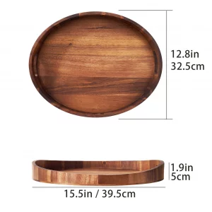SARUFO Acacia Wood Round Ottoman Tray - Decorative Serving Tray with Handles for Coffee Table, Breakfast in Bed, Living Room, Kitchen Counter, Candle