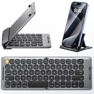 PuechAxe Foldable Bluetooth Keyboard with Stand Holder, Rechargeable Pocket Size Folding Travel Keyboard for iPhone, iPad, Tablet, Laptop, Smartphone