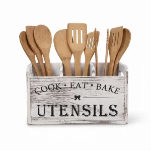 GZGTUU 3-Compartment Farmhouse Kitchen Utensil Holder, Wooden Organizer for Countertop, Rustic Cooking Tool Storage? for Farmhouse Kitchen Decor (Whi