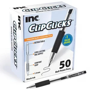 Inc. ClipClicks Retractable Ballpoint Pens - Bulk 1.0-mm Medium-Point Pen Set With Comfort Grip for School, Office, Writing, and Journaling, 50 Count
