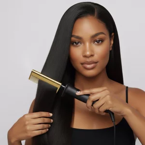 KISS Professional Pressing Comb with Polished Gold Smoothing Comb, Safety Stand, Digital LED Temperature Display, & Tangle Free 360 Swivel Cord