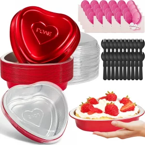 OJYUDD 20 Pack 22oz Heart Shaped Cake Pans with Lids,Disposable Valentine Heart Dessert Baking Pan,Aluminum Foil Containers for Birthday Wedding Part