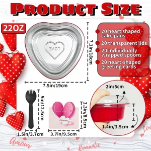 OJYUDD 20 Pack 22oz Heart Shaped Cake Pans with Lids,Disposable Valentine Heart Dessert Baking Pan,Aluminum Foil Containers for Birthday Wedding Part