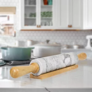 Creative Home Natural Marble Rolling Pin with Wooden Handles and Cradle, 18-Inch rolling pins for baking, Heavy Cool Surface, Dough Roller for Pastry