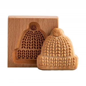 Traditional Wooden Cookie Mold, Handcrafted Beech Wood Christmas Beanie Design, Intricate Geometric Pattern, Holiday Baking Stamp