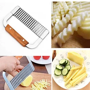 Super Leader Crinkle Cutting Tool French Fry Slicer Stainless Steel Blade Wooden Handle Vegetable Salad Chopping Knife for chopping veggies, cutting 