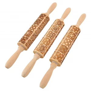 PenRux 3pcs Wooden Embossed Rolling Pin, Practical Engraved Embossing Rolling Pin with Large Embossed Patterns, Rolling Pin Kitchen Decor Tools for R