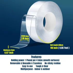 Wkevnu Double Sided Tape Heavy Duty,Removable Clear Nano Mounting Tape,Picture Hanging Adhesive Strips,Tough & Clear Weatherproof for Indoor/Outdoor 
