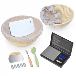 Sourdough Bread Proofing Basket, Set of 2, 9 Inch and 10 Inch Round Banneton with Digital Scale, Bench Scrapers, Scoring Lames for Sourdough Starter 