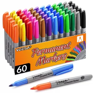 VEESA Permanent Markers Bulk, 12 Assorted Colors, Fine Point, 60 Pack Permanent Markers Set for Adult Coloring, Quick Drying, Used on Glass Metal Sto