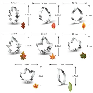 Fall Leaves 8-Piece Leaf Cookie Cutter Set - Maple Leaf, Oak Leaf, Teardrop Leaf Cookie Cutters Shapes Biscuit Fondant Molds for Fall Autumn Thanksgi
