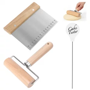 3 Pcs Small Rolling Pin Set, Wooden Rolling Pins,Bench Scraper,Cakes Testing Stick for Baking, Non-Stick Dough Roller Cutter Ergonomic Bakery Tool fo