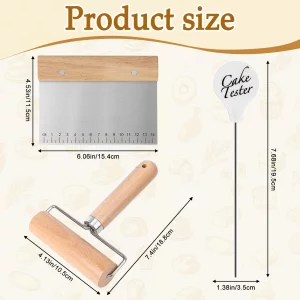 3 Pcs Small Rolling Pin Set, Wooden Rolling Pins,Bench Scraper,Cakes Testing Stick for Baking, Non-Stick Dough Roller Cutter Ergonomic Bakery Tool fo