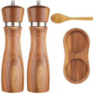8-Inch Acacia Wood Pepper Mill with Steel Ring, Salt and Pepper Grinder Set with Spoon and Base, Elegant Gift for Bakers and Home Chefs