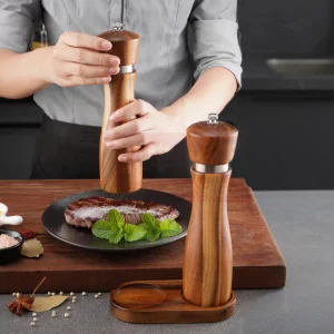 8-Inch Acacia Wood Pepper Mill with Steel Ring, Salt and Pepper Grinder Set with Spoon and Base, Elegant Gift for Bakers and Home Chefs