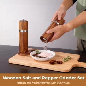 2 Pcs Wooden Salt and Pepper Grinder Set, Wood Pepper Shakers, Wooden Base, Refillable Sea Salt Grinder, 8.5 x 2.2 in