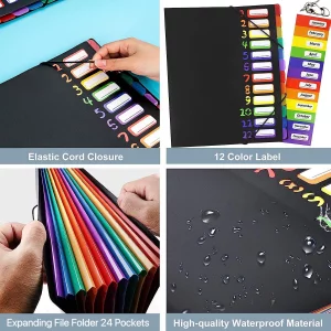 Edufun Rainbow Tab Expanding File Folder - 24 Pockets, Durable A4 Letter Size Organizer, Water-Resistant Plastic Dividers, Home/Office/School Documen