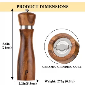 Wooden Salt and Pepper Grinder Set Manual Pepper Mill Refillable Salt Pepper Mills Adjustable Coarseness Acacia Wood With Ceramic/Stainless Steel Cor