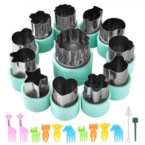 Vegetable Cutter Shapes Set 12pcs Stainless Steel Mini Sizes Cookie Cutters Fruit Stamps Mold and 10 Mini Kids Fruit Forks for Kids Baking and Food S