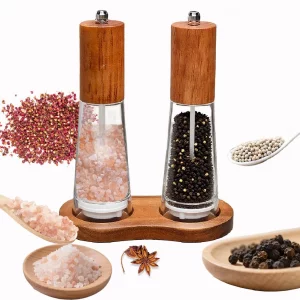 2 Pack 7'' Acrylic Salt and Pepper Grinder Set with Wood Base, Manual Pepper and Salt Mills with Adjustable Ceramic Core(Acacia Wood)