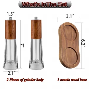 2 Pack 7'' Acrylic Salt and Pepper Grinder Set with Wood Base, Manual Pepper and Salt Mills with Adjustable Ceramic Core(Acacia Wood)