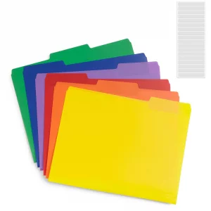 Slomg 36 Pack Plastic File Folders with Pocket, 1/3 Cut Tab Heavy Duty Poly Manila File Folder with Sticky Labels, Bulk Thick Assorted 6 Colors Docum