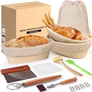 Banneton Bread Proofing Basket Set, 11 Inch Sourdough Proofing Basket and Bread Baking Supplies-Bread Lame, Danish Whisk, Bowl & Dough Scraper, Brush