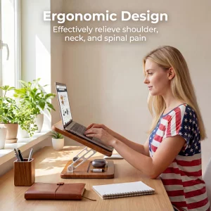 Craftreasure Ergonomic Wooden Laptop Stand with Pen Slot, Adjustable Height & Angle, Hollow Cooling, Foldable for Desk Use, for 10-17 Inch Laptops/Ta