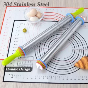 3 in 1 Set of Rolling Pin with handle + Pastry Baking Mat + Kneading Bag, Rolling Pins with Adjustable Rings, Stainless Steel Dough Roller for Baking