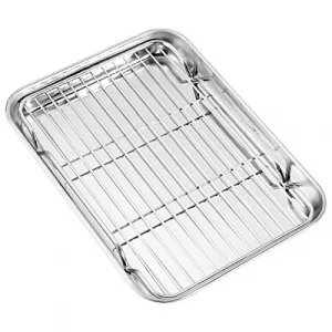 Baking Sheet with Wire Rack, Cookie Sheet Baking Pan Toaster Oven Tray with Cooling Rack, Stainless Steel Eighth Sheet Pan with Rack 9' x 7' x 1', He