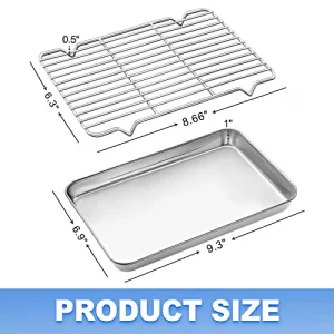 Baking Sheet with Wire Rack, Cookie Sheet Baking Pan Toaster Oven Tray with Cooling Rack, Stainless Steel Eighth Sheet Pan with Rack 9' x 7' x 1', He