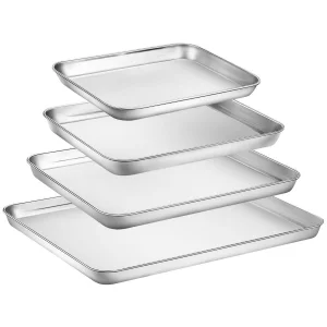 Stainless Steel Cookie Sheets for Baking, 4 Pieces Toaster Oven Pans Baking Sheets for Oven, Easy Clean & Non-stick & Dishwasher Safe