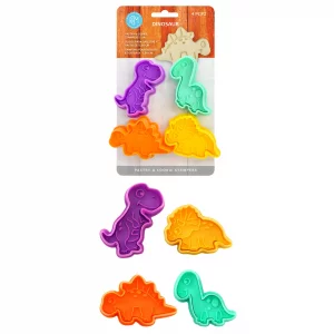 R&M Dinosaur Cookie Stamper, Baby Dinosaur Stamper, T-Rex, Stegosaurus, Triceratops, Brontosaurus, 2 Inch, 4 Piece Set, Assorted Colors