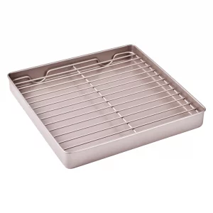 Bakeley Roasting Pan with Rack, 11-Inch Non-Stick Square Shallow Dish Sheet Pan with Wire Rack for Oven Baking, BBQ and Roasting 11.2