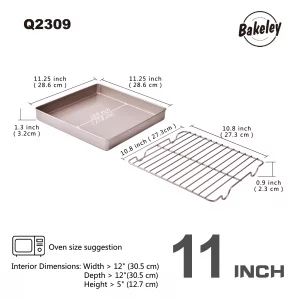 Bakeley Roasting Pan with Rack, 11-Inch Non-Stick Square Shallow Dish Sheet Pan with Wire Rack for Oven Baking, BBQ and Roasting 11.2