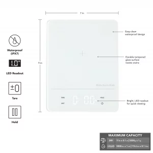 KitchenAid KQ913 Digital Waterproof (IPx7) Kitchen and Food Scale, LED readout, 11 Pound Max Capacity, White