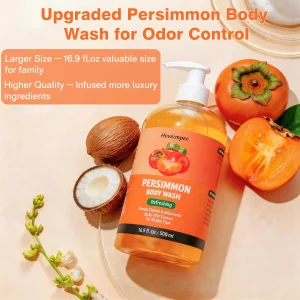 Hoveimpee 16.9 Fl. Oz Persimmon Body Wash for Body Odor Control, Natural Persimmon Soap for Old People Nonenal Soap, Lasting Refreshing Whole Body, A