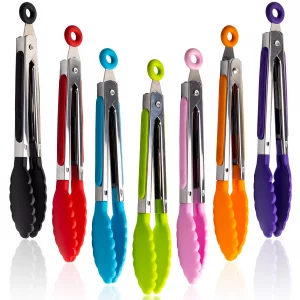 7 Pack Kitchen Tongs Set 7-Inch Color Mini Small Food Tongs with Stainless Steel Silicon Handles and Nylon Tips Heat Resistant Tongs for Cooking, Ser
