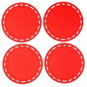 Silicone Hot Pads (Set of 4) - 6 in 1 Multi-Purpose Kitchen Tool, Pot Holder, Splatter Guard, Microwave Cover, Jar Opener, Decorative Trivet, Red, 8 
