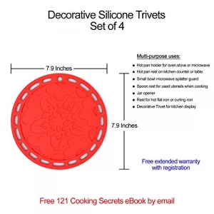 Silicone Hot Pads (Set of 4) - 6 in 1 Multi-Purpose Kitchen Tool, Pot Holder, Splatter Guard, Microwave Cover, Jar Opener, Decorative Trivet, Red, 8 