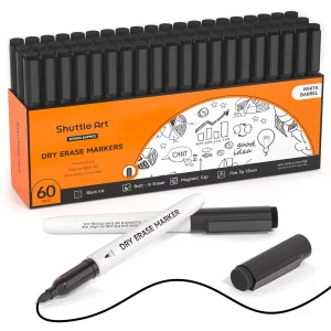 Shuttle Art Black Dry Erase Markers, 60 Pack Magnetic Whiteboard Markers with Erase,Fine Point Dry Erase Markers Perfect For Writing on Whiteboards, 