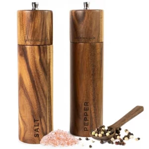 Saffron & Sage Premium Acacia Wood Salt and Pepper Grinder Set of 2-8 Tall Salt and Peppercorn Mill with Adjustable Coarse Settings, Rust Resistant,