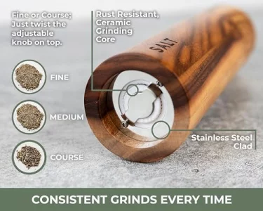 Saffron & Sage Premium Acacia Wood Salt and Pepper Grinder Set of 2-8 Tall Salt and Peppercorn Mill with Adjustable Coarse Settings, Rust Resistant,
