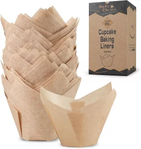 Bake Choice 100pcs Natural Jumbo Tulip Cupcake Liners for Baking, Unbleached Cupcake Liner, Greaseproof Parchment Paper Muffin Liners, Tulip Muffin L