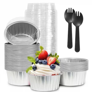 50Pcs Mini Aluminum Foil Cupcake,5oz Baking Cups with Lids,Mini Cake Pans Disposable,Loaf Pans with Lids,Disposable Ramekins,Tin Cups Containers for 