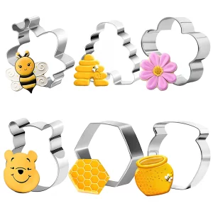 KUKIFUN 6Pack Bee Cookie Cutters Set, Beehive,Honey Jar,Winnie the Pooh,Flower Shapes Stainless Steel Biscuit Molds for Honey Bee Party Baking Muffin