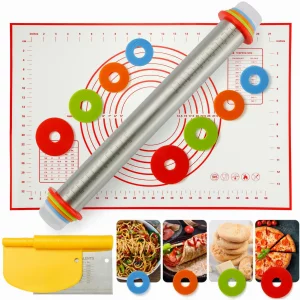 MIKULA Rolling Pin, Rolling Pins Thickness Rings and Silicone Baking Pastry Mat Set, Stainless Steel Dough Roller Rolling Pins for Baking & Bench Scr