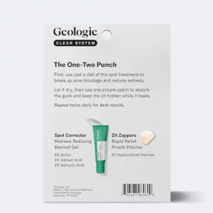 Geologie Clear System Anti-Pimple Pack, 20 Hydrocolloid Patches, Spot Treatment Gel with 5% Sulfur, Fast-Acting Acne Care