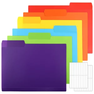 EOOUT 30pcs Colored File Folders, 9'' x 11.6'' Manilla Folders, Plastic File Folders, 3 Tab Poly Folder, 6 Colors with 40pcs Erasable Category Labels