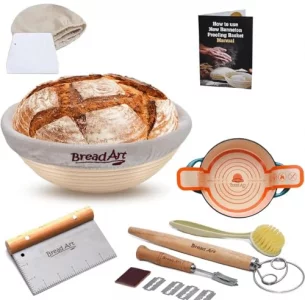 Banneton Bread Proofing Basket Set - 9 Inch round sourdough proofing basket with Silicone Bread Sling, Dough Scrapers, Bread lame, Dough Whisk and a 